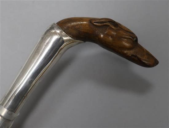 A white metal-mounted fruitwood walking stick with finely-carved whippets head handle, L 3ft
